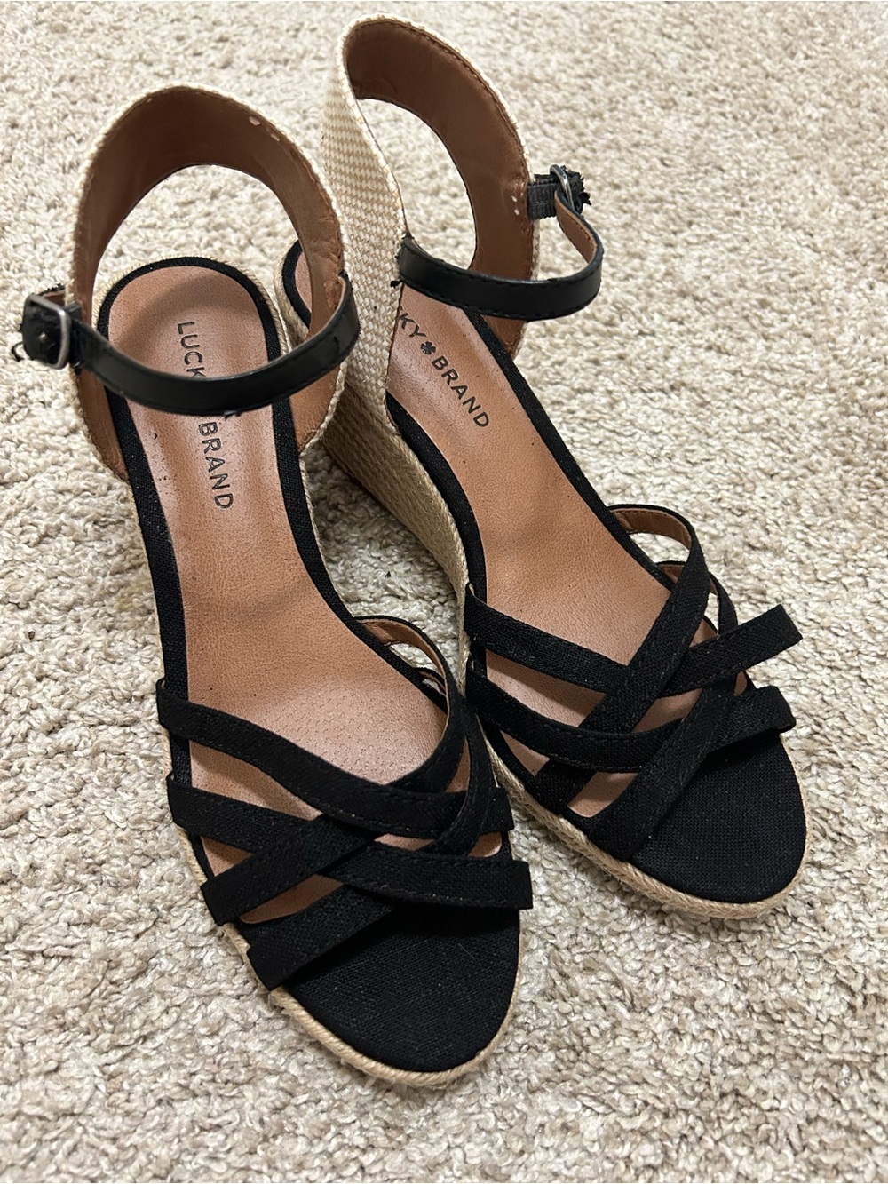 Lucky Brand Kelly3 Black Strappy Espadrille Wedge Sandals